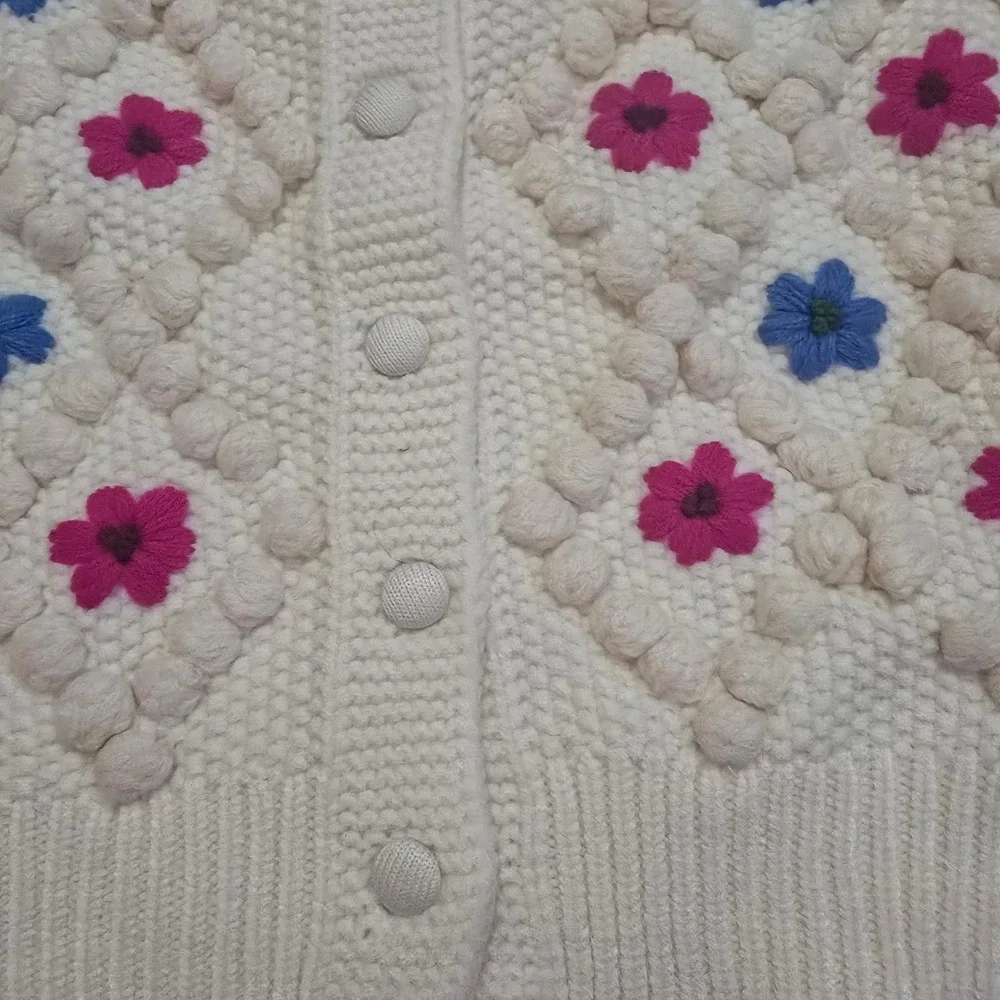 Allison New York Cottagecore Embroidered Pom Cardigan Cream Floral Sweater Small